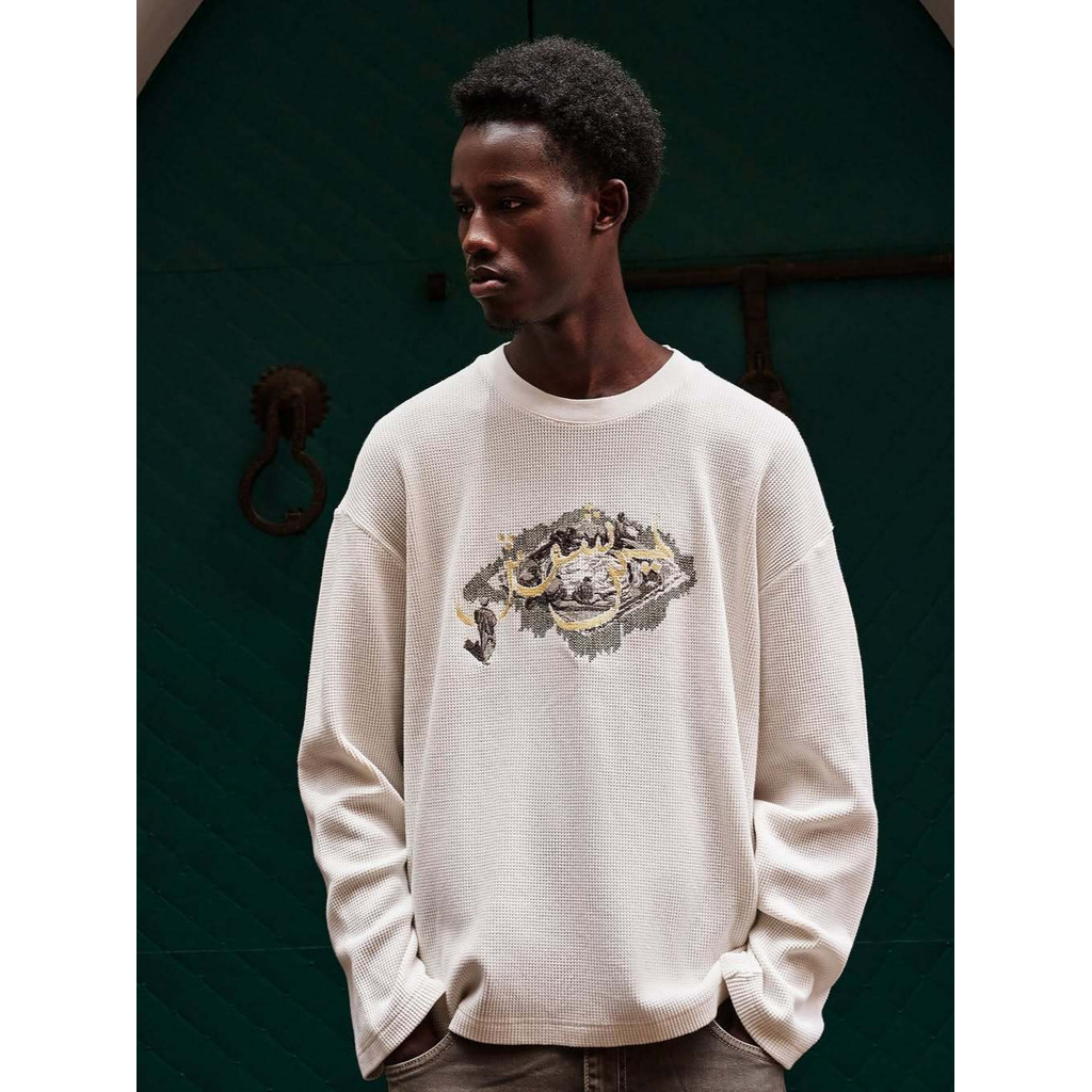 QHCW Derschutze chrome cool American street style retro heavy embroidery waffle knit long sleeve T S