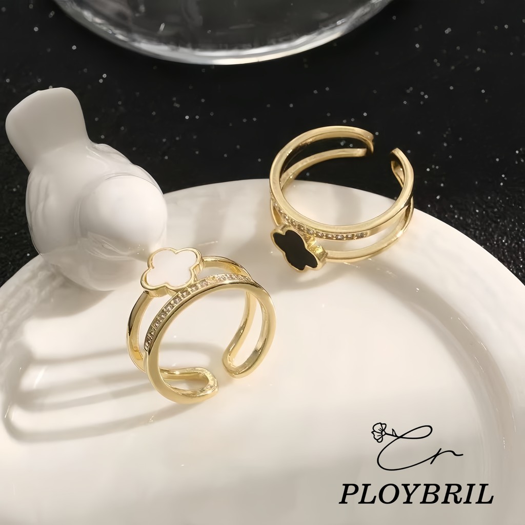 PLOYBRIL แหวนเพทายสีดำสไตล์มินิมอล เปิดโคลเวอร์สี่ใบสองชั้น สำหรับผู้หญิง J038
