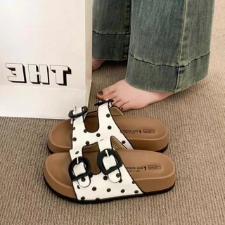 Polkadot หนาSoled Birkenstock รองเท้าแตะผู้หญิง 2026 Polka Dot รองเท้าแตะผู้หญิงเพิ่มความสูงแฟชั่น All-Match Flip-Flops Outing รองเท้าแตะ