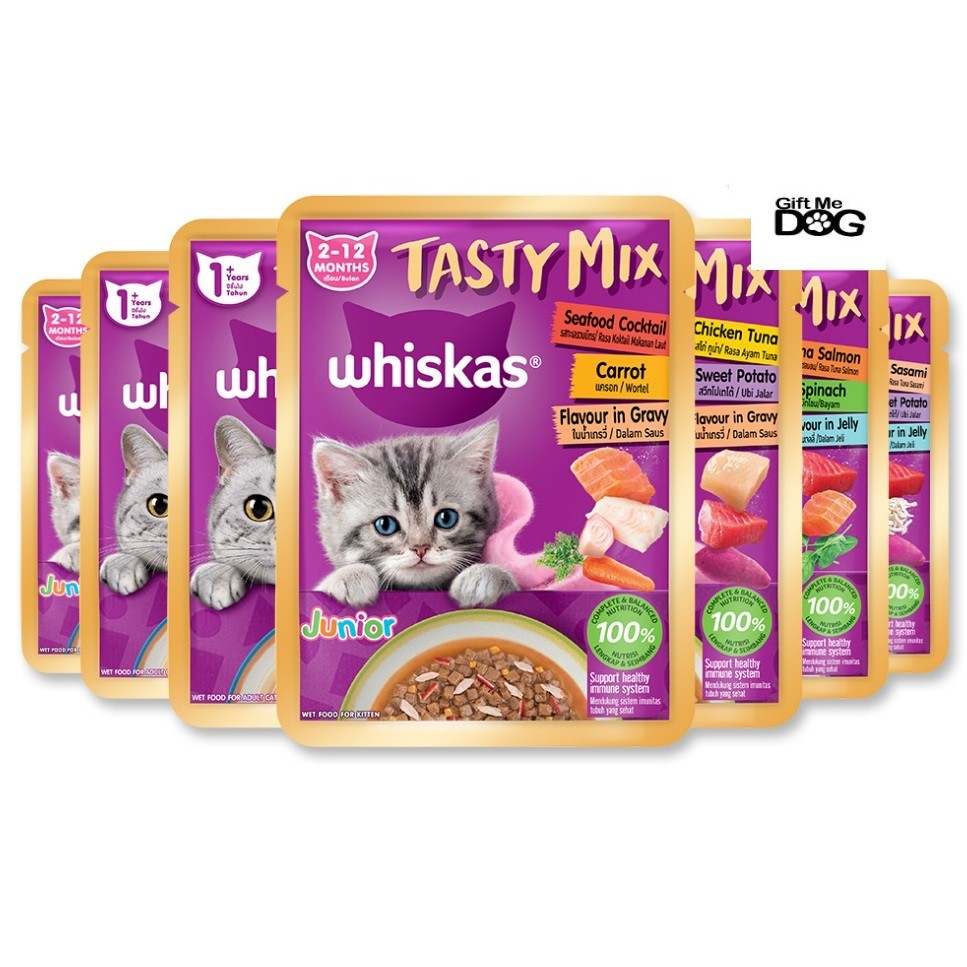 WHISKAS Tasty Mix วิสกัส เทสกี้มิกซ์ อาหารเปียกแมว ขนาด70กรัม ยกลัง28ซอง