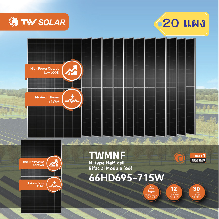 TW Solar แผงโซลาร์เซลล์ 715W N-Type รับแสงสองด้าน รุ่น 66HD695-715W (20 แผง)