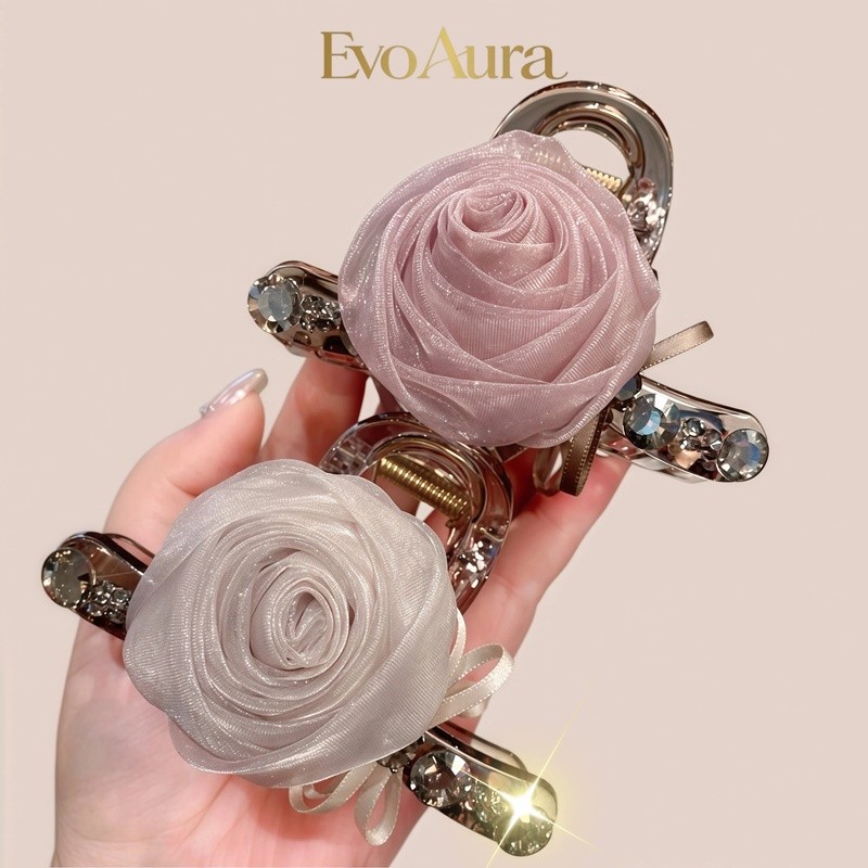 🌸 กิ๊บหนีบผมดอกไม้ 8cm ✨ กิ๊บติดผมออร์แกนซ่าประดับเพชร เรียบหรู สไตล์ลูกคุณหนู