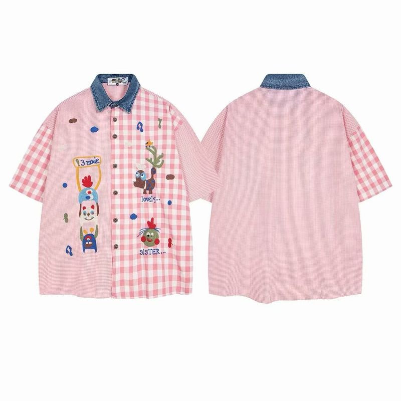 เสื้อยีนส์แขนสั้นลายสก๊อตสไตล์ญี่ปุ่น