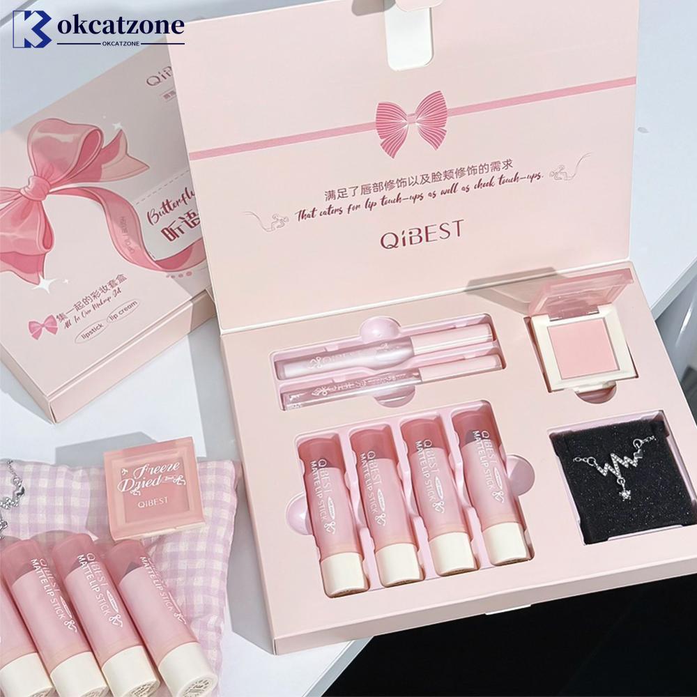 OKCATZONE 7 ชิ้น/กล่องลิปสติกแป้ง Blusher Lip Oil Sleeve กล่องน่ารัก Bow Tie สร้อยคอแต่งหน้าของขวัญก