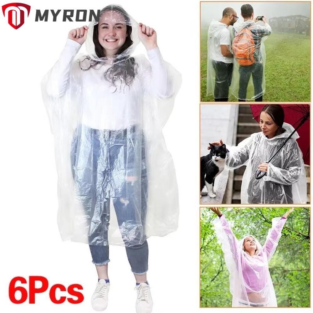 MYRON เสื้อกันฝนโปร่งใส 6 ชิ้น กันน้ํา PE หนา แบบพกพา สําหรับเดินทาง