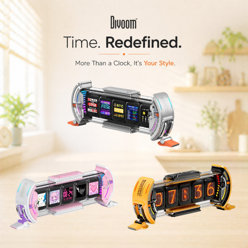 Divoom Times Gate 5Way Digital Clock - Steampunk Style RGB Light Gadget for Futuristic PC Desks | DI