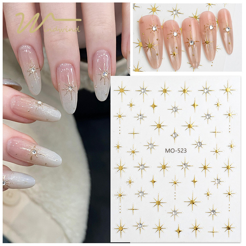 COD 3D Rhinestones Gold Silver Star Moon Bronzing สติ๊กเกอร์ติดเล็บ Retro Boho สไตล์ Line Design กาว Slider Decals-ww