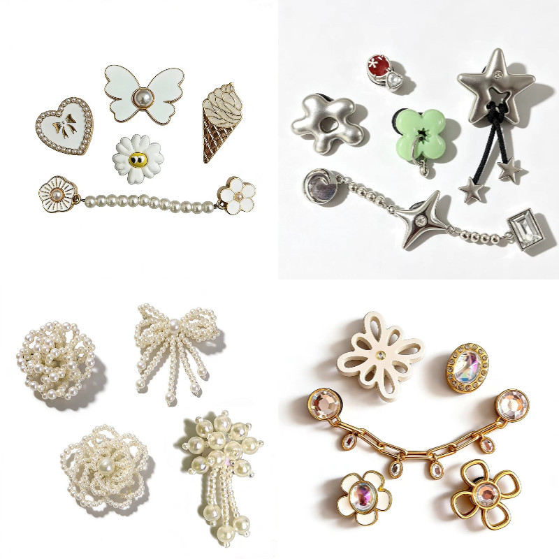 Miss Zoe Jibtz Pearl bow รองเท้าหัวเข็มขัด DIY เครื่องประดับรองเท้าดอกไม้โลหะ