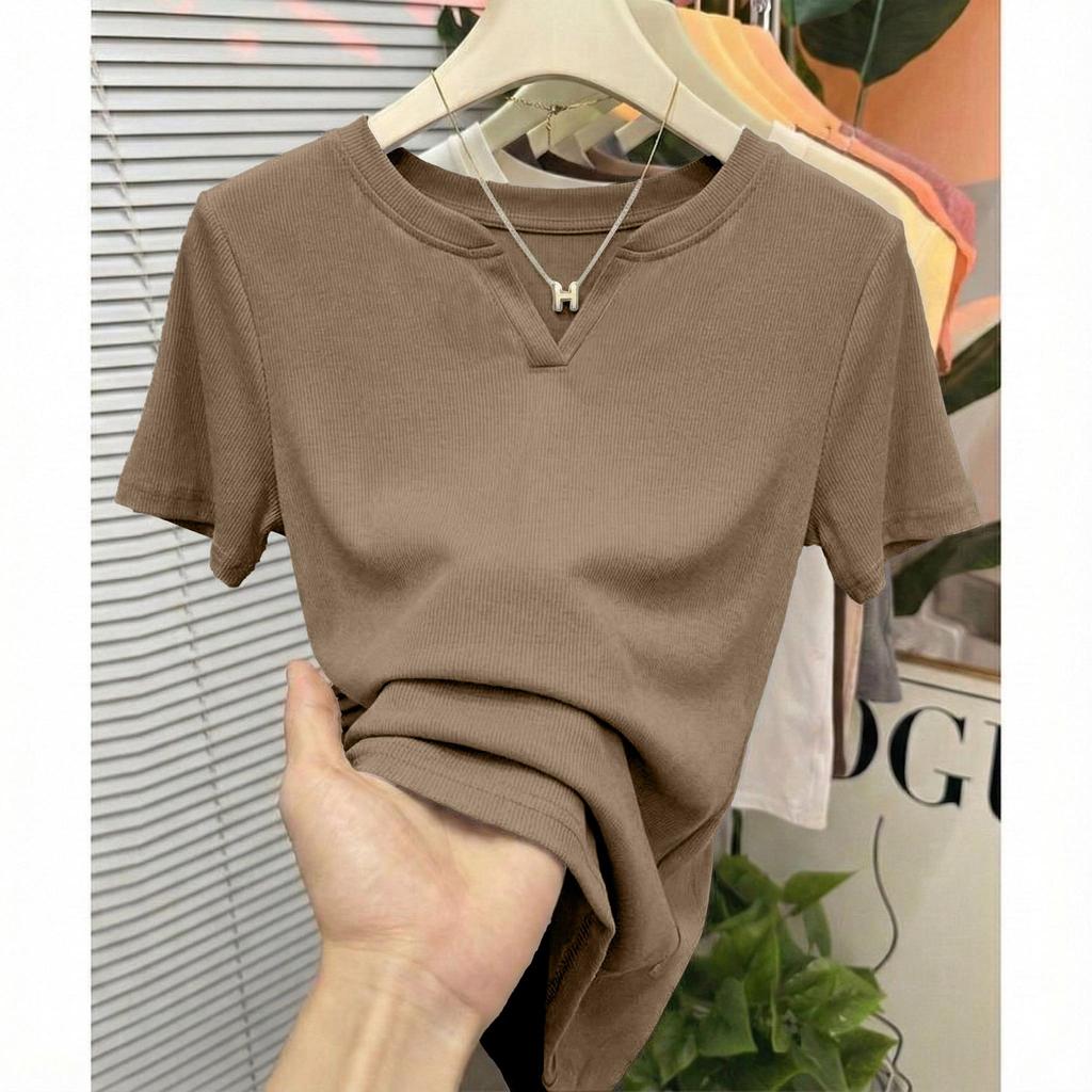 เสื้อยืดแขนสั้น คอวี ผ้าฝ้าย ทรงหลวม เข้ากับทุกการแต่งกาย แฟชั่นฤดูร้อน สไตล์เกาหลี สําหรับผู้หญิง