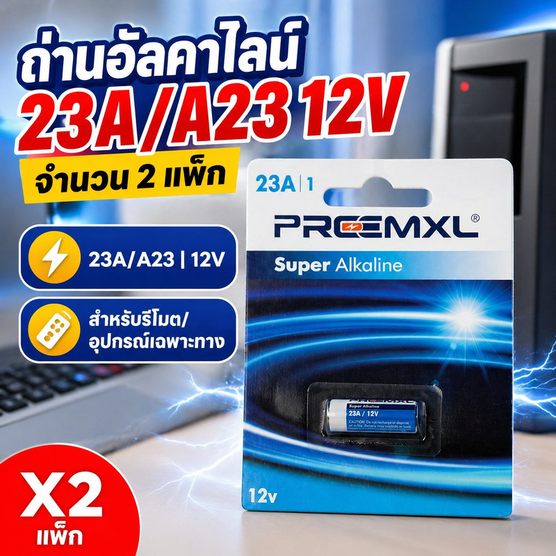PRCEMXL ถ่านอัลคาไลน์ 23A/A23 12V จำนวน 2 แพ็ก (1 ก้อน/แพ็ก) สำหรับรีโมตและอุปกรณ์เฉพาะทาง