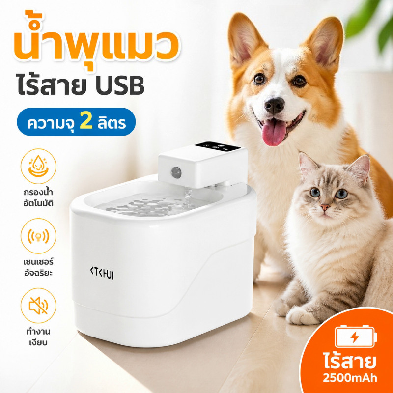 น้ำพุแมวไร้สาย USB ความจุน้ำ 2 ลิตร สำหรับสัตว์เลี้ยง ระบบเซนเซอร์อัจฉริยะ กรองน้ำอัตโนมัติ  เงียบ สำหรับแมวและสุนัข