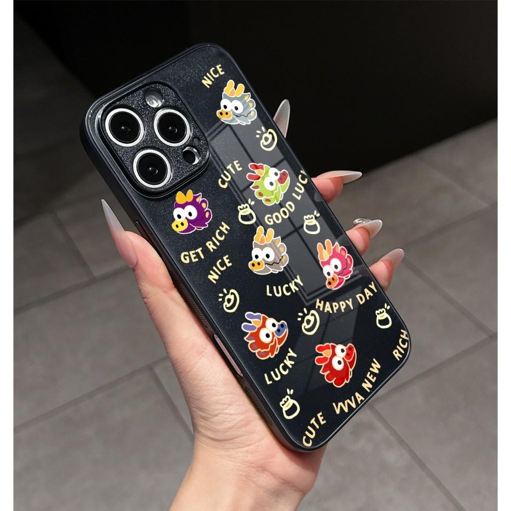 เคสไอโฟนกระจกนิรภัยสีดำ ลายหัวมังกรจีนสีสดใส 17/17Pro/17ProMax/16/16Pro/16ProMax/15/14/13