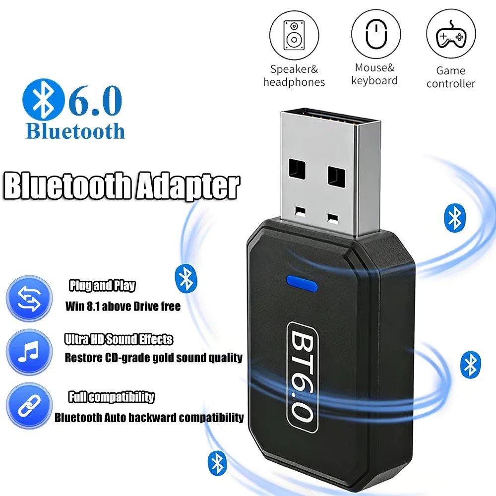 [คลังสินค้าพร้อม] อะแดปเตอร์บลูทูธ USB Bluetooth6.0 Dongle สําหรับ PC Windows 11/10/8.1 ตัวรับสัญญาณและเครื่องส่งสัญญาณบลูทูธสําหรับคีย์บอร์ด/เมาส์