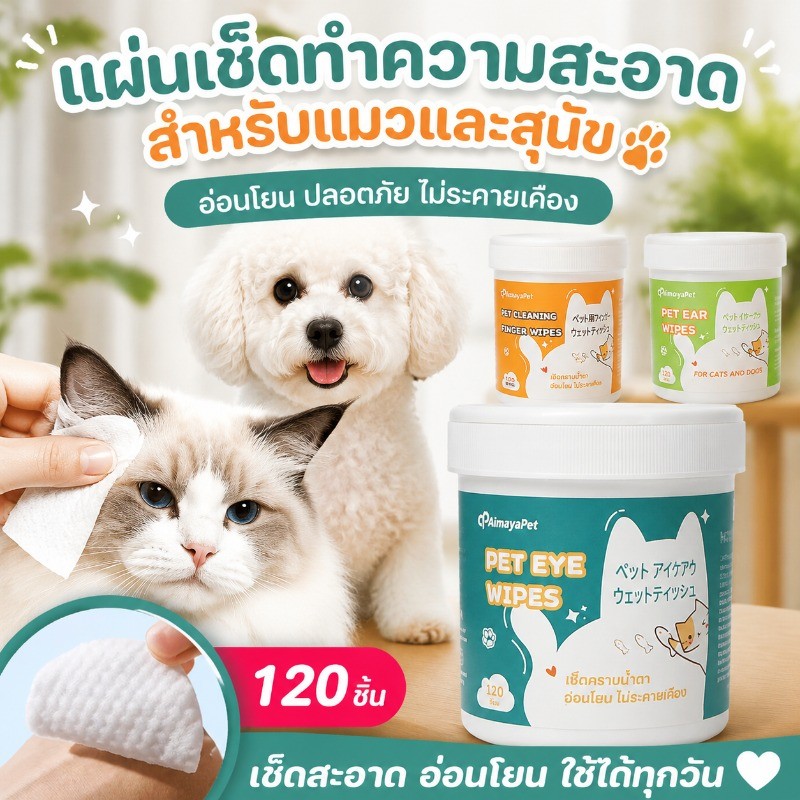 Aimayapet 120pcs ผ้าเช็ดทำความสะอาดสัตว์เลี้ยง ไร้แอลกอฮอล์ เช็ดหู เช็ดตา เช็ดแมว เช็ดตาสุนัข แบบอ่อนโยน สูตรพืชธรรมชาติ
