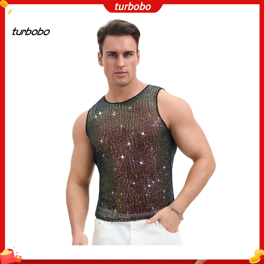 Turbobo ผู้ชาย Rhinestone Sparkly เสื้อแขนกุด Sheer เสื้อกล้ามรอบคอเสื้อเซ็กซี่สําหรับเทศกาลดนตรี Rave ไนท์คลับ Party Bar สวมใส่ผู้ชาย Rave กั๊ก