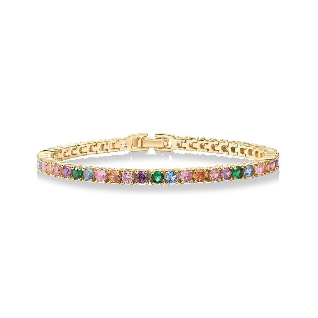 PAVOI 14K Gold Plated Multi สี CZ สร้อยข้อมือเทนนิสสําหรับผู้หญิง - Vibrant และ Boho 3 มม.สีสัน Cubi