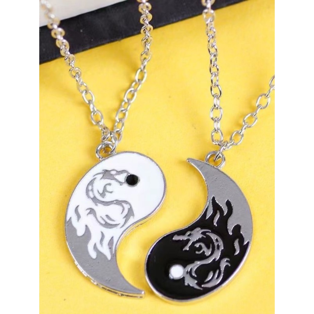 สร้อยคอมุก จี้สร้อยคอ Good Friends Brother สร้อยคอ Yin Yang Tai Chi สีดําสีขาวมังกรคู่ Retro สไตล์จี