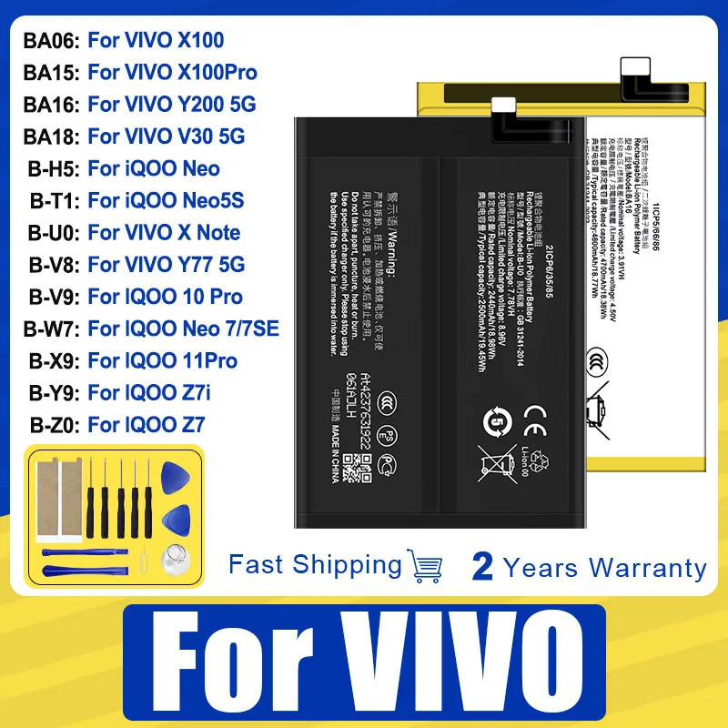BA06 BA15 B-H5 B-T1 B-U0 B-V8 BA16 BA18 แบตเตอรี่สําหรับ VIVO Y200 V30 X100 X100Pro XNote Y77,สําหรั