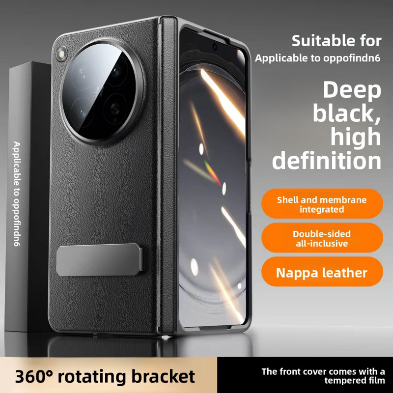 ใหม่สําหรับเคสหนัง OPPO Find N6 พร้อม 360° ขาตั้ง, ตัวป้องกันหน้าจอกระจกนิรภัยในตัว, การป้องกันทั้งตัวและบานพับ