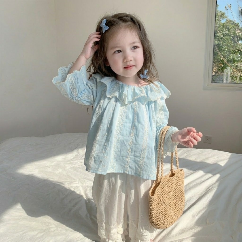 Theioioio เสื้อเชิ้ตเด็กแขนพอง งานปักฉลุลายดอกไม้ ผ้าคอตตอน 100% แต่งปกระบาย สีฟ้าพาสเทล 2-6 ปี TLA5