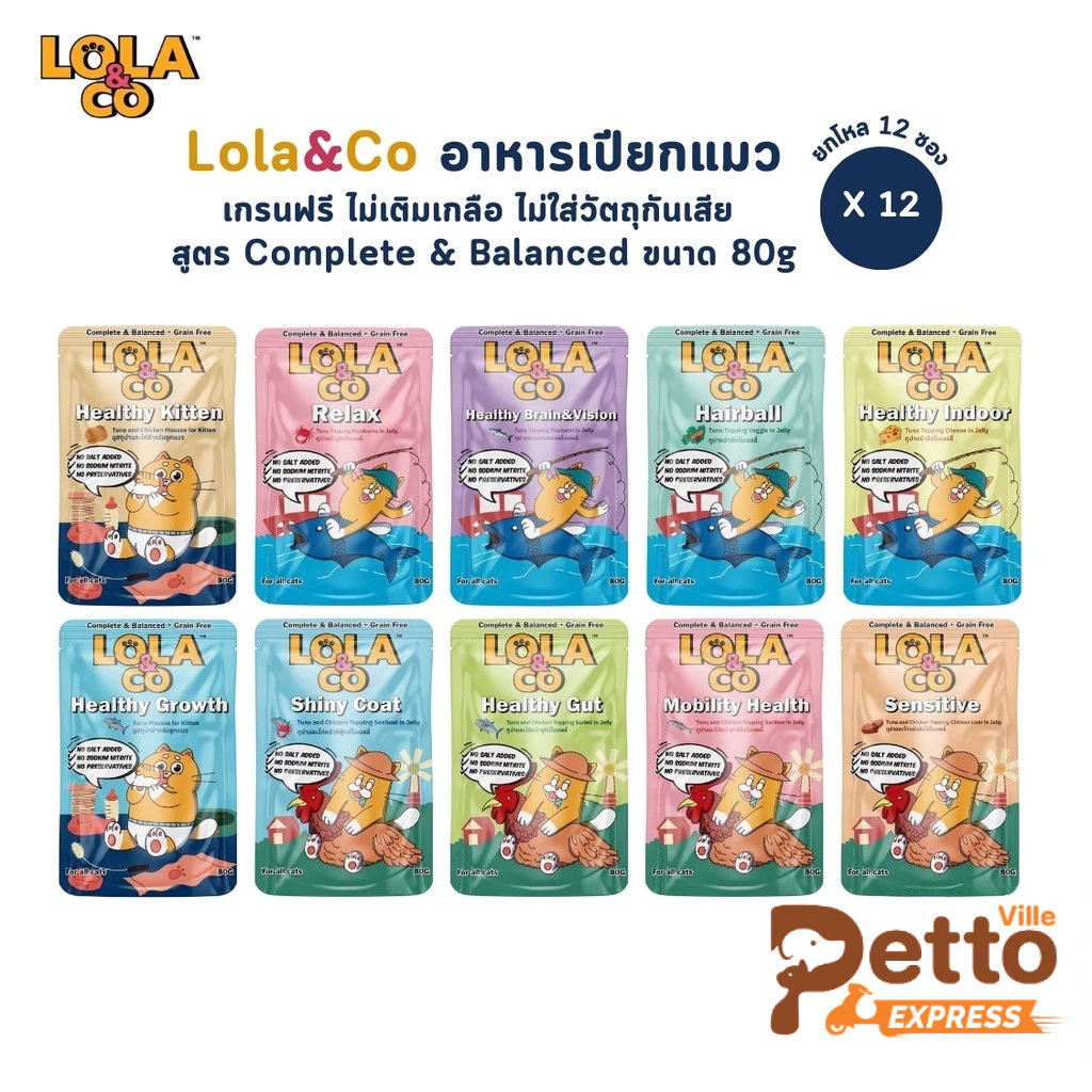 [12 ซอง] Lola&Co อาหารเปียกแมว สูตร Complete & Balanced เกรนฟรี ไม่เติมเกลือ ขนาด 80 กรัม