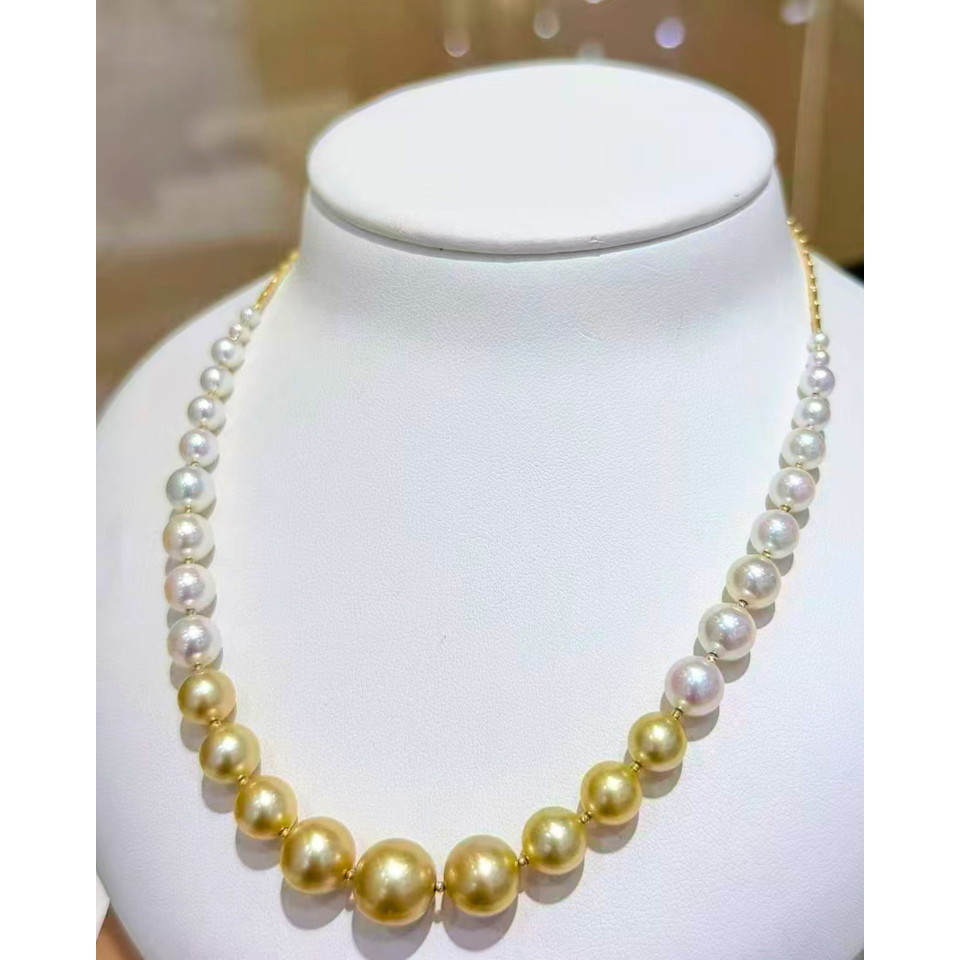 4A South Sea Golden Philippines & Akoya Round Necklace in 18K Gold - Graduated Akoya 3.5-8mm to Sout