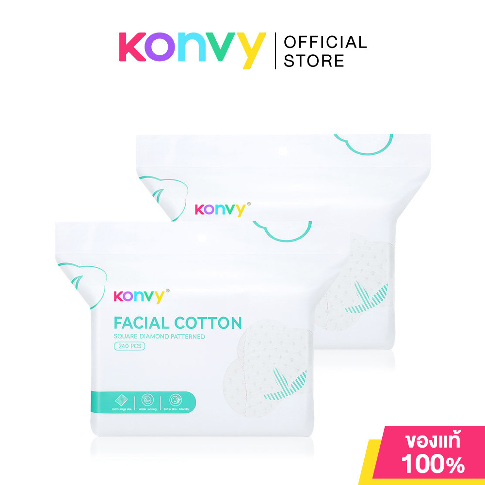 [Buy 1 Get 1] Konvy Facial Cotton 240pcs สำลีแผ่นสำหรับเช็ดหน้า 240 แผ่น จากคอนวี่.