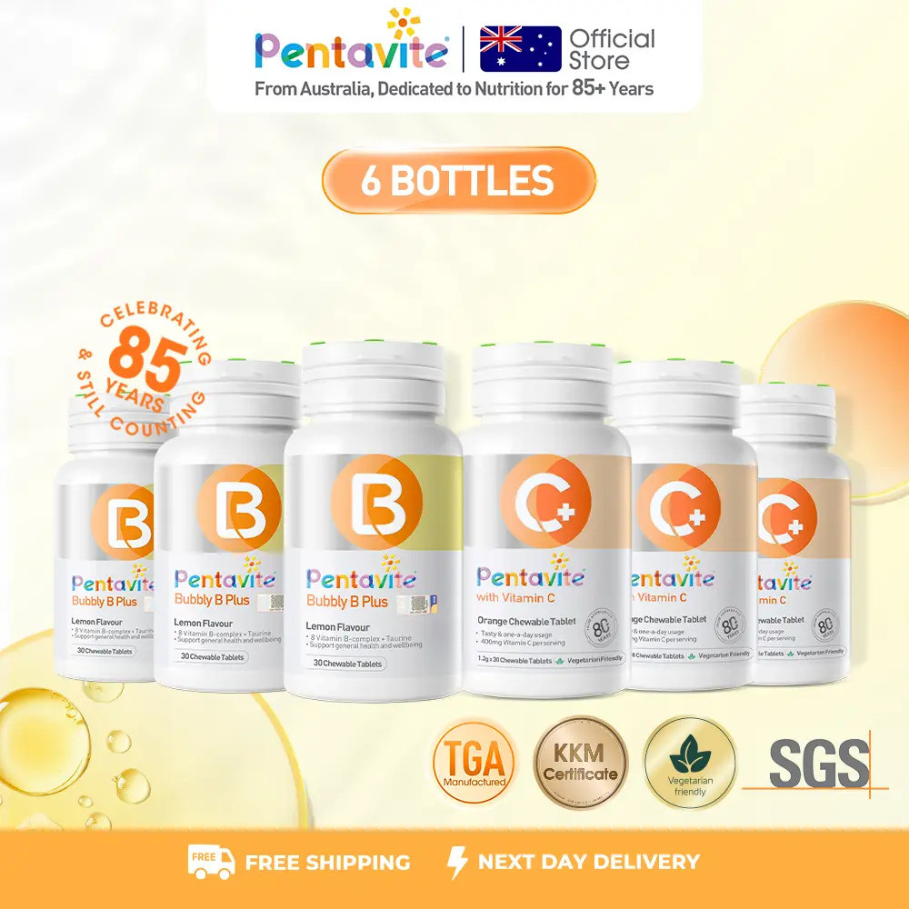 Pentavite Vitamin Set 2 Botol  (Bubbly B + Vitamin C)  Boleh Kunyah (60 Tablets for Adult) | Chewabl