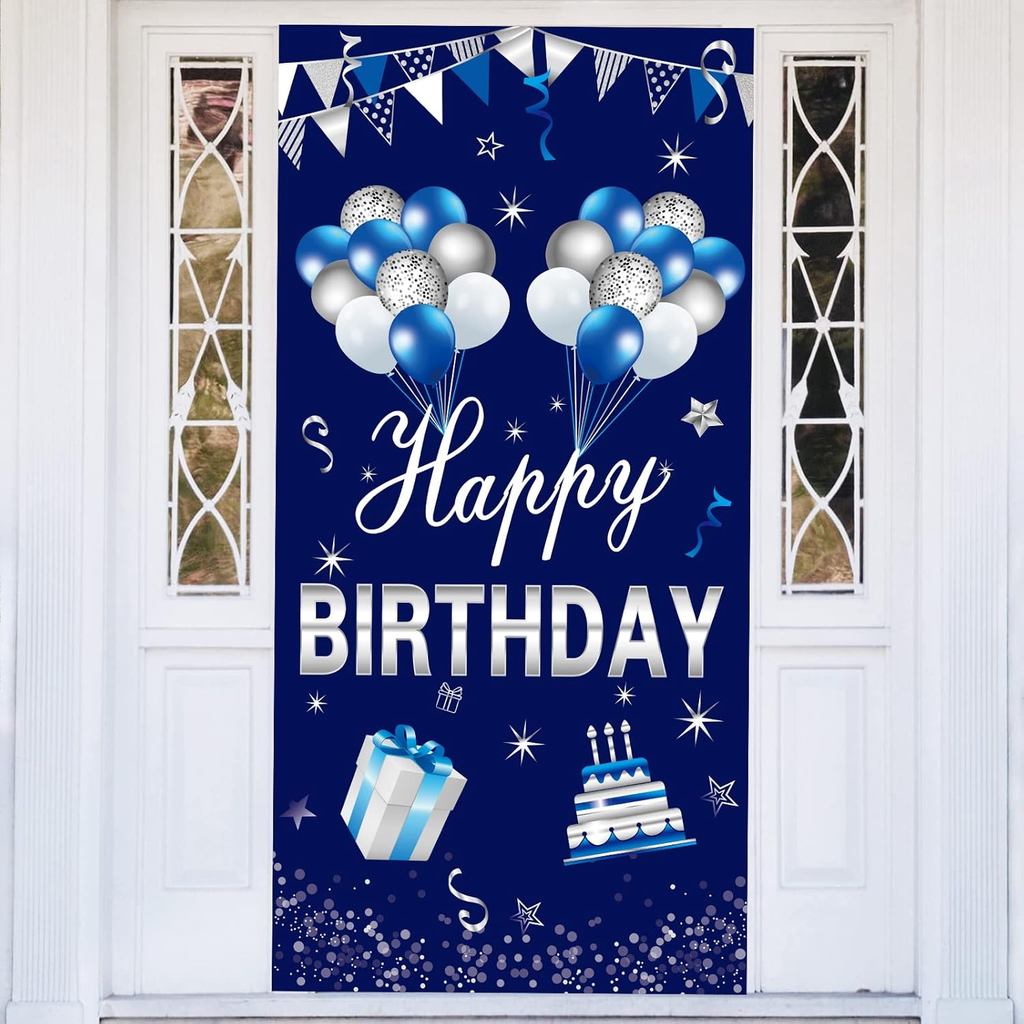 Blue Silver Happy Birthday Door Banner ตกแต่งสําหรับชาย, Happy Birthday Door Cover Sign Party Suppli