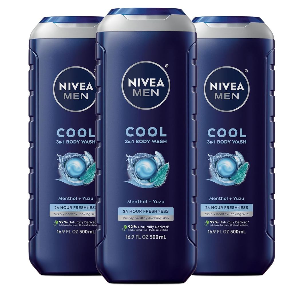NIVEA MEN Cool Body Wash กลิ่น Icy Menth and Yuzu, 3-in-1 Mens Body Wash, Face and Hair, Paraben Fre