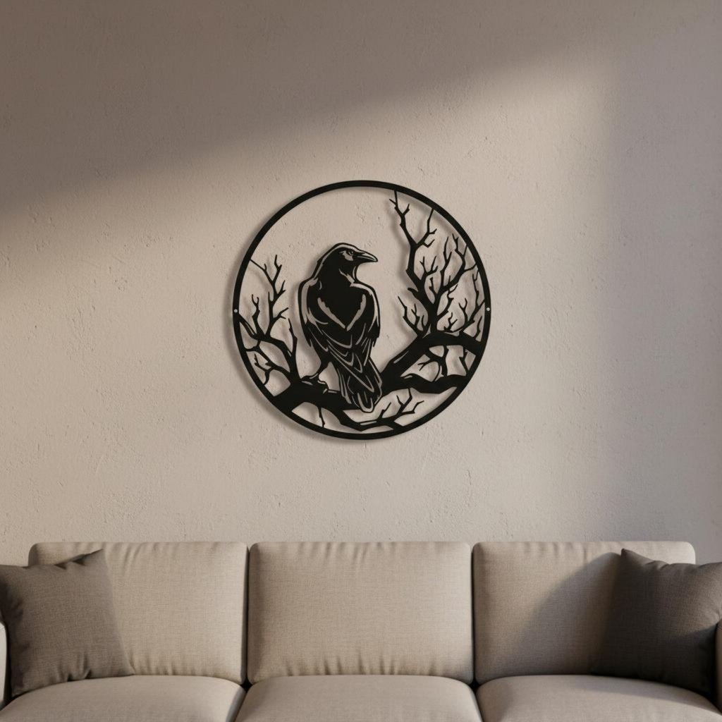 การก่อสร้างเหล็กที่ทนทาน Raven Outline Wall Art รายละเอียดตัดเลเซอร์โลหะ Raven Wall Art การออกแบบกลว