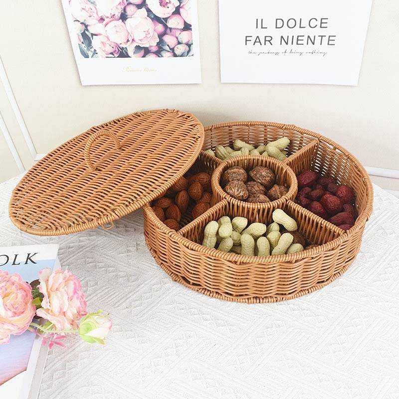 Imitation Rattan Hand-Woven Basket with Lid Rattan Woven Snack Candy Grid Household Fruit Baskets St