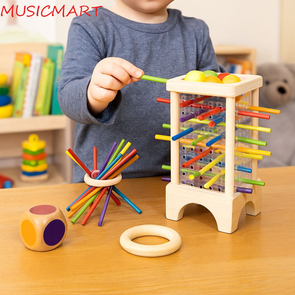 MUSICMART Montessori Ball Dropping Game, 4 ด้านของเล่นเพื่อการศึกษาไม้ Stick Board Game, Fine Motor 