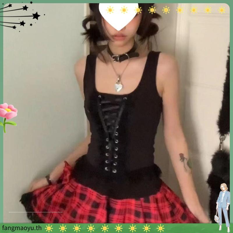 Women's Sleeveless Vest Top Black Asian Culture Hot Girl Lace Vest Square Collar Sling Dark Punk Lac
