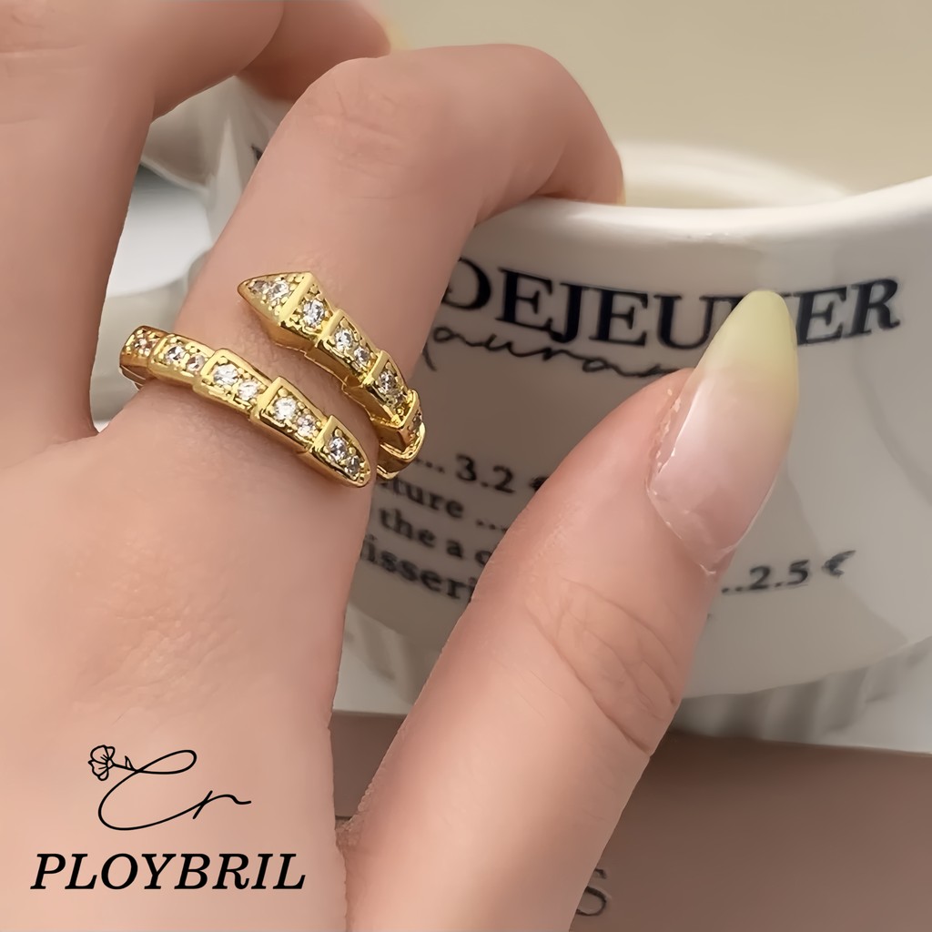 PLOYBRIL แหวนรูปงูคริสตัลหรูหรา ดีไซน์ลูกบาศก์เพทาย ปรับขนาดได้ J040