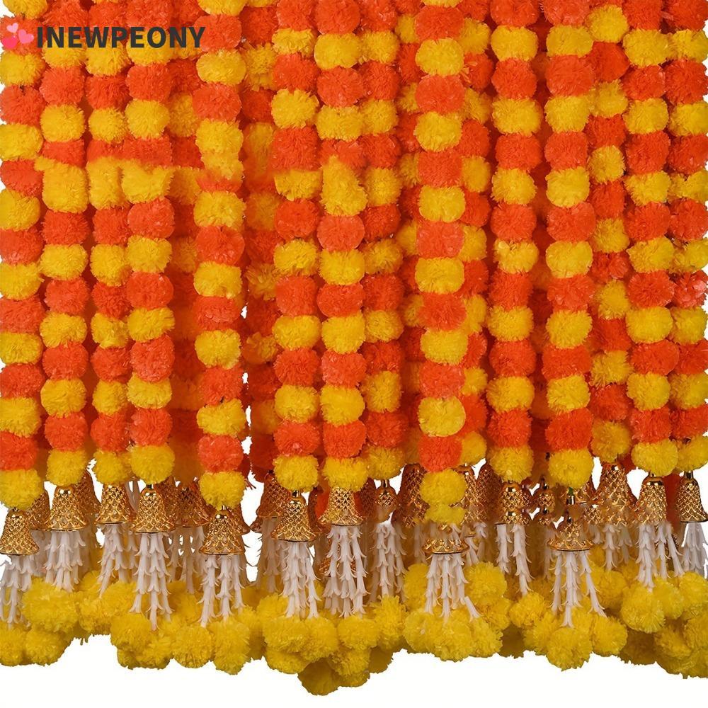 INEWPEONY พวงมาลัยดาวเรือง, Pouja Diwali Fiesta ยาว Strands ประดิษฐ์ดาวเรืองดอกไม้ Garlands, เหตุการณ์ตกแต่ง 1.5 M อินเดีย Décor ประดิษฐ์ดอกไม้ Garland