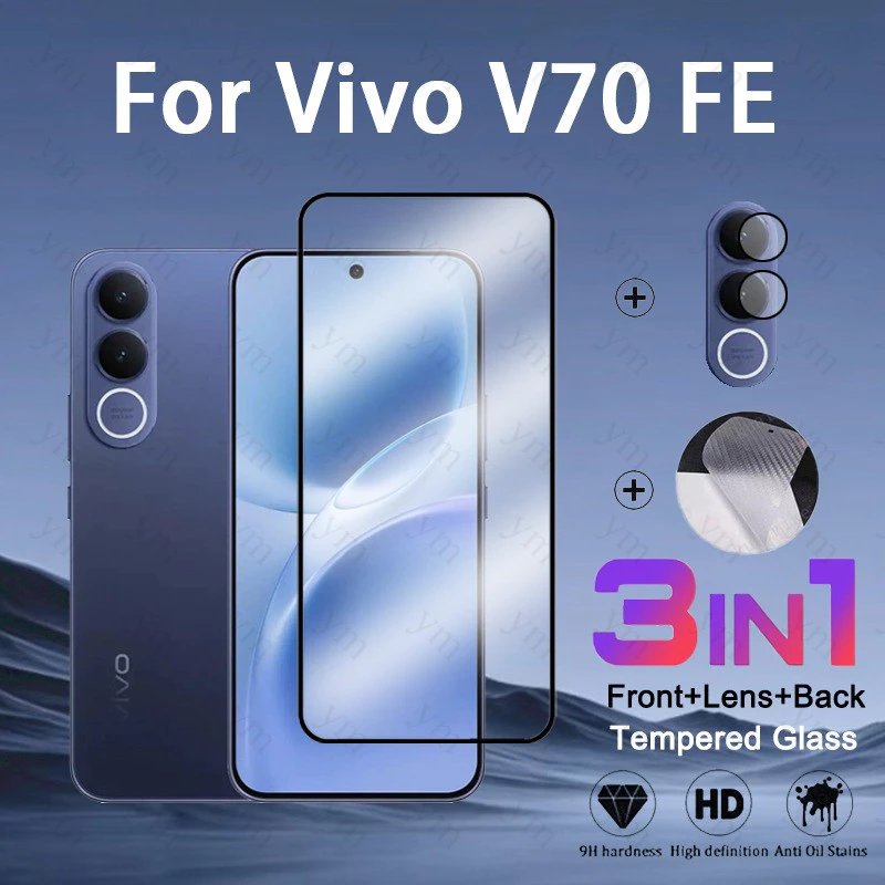 3 In 1 ฟิล์ม ฟิล์มกระจก Vivo V70 FE กระจกนิรภัยป้องกันหน้าจอฟิล์มเลนส์กล้องสําหรับ Vivo V70 V60 V50 V40 Lite Y21d Y29 Y19s Y28 Y04 Y04s คาร์บอนไฟเบอร์