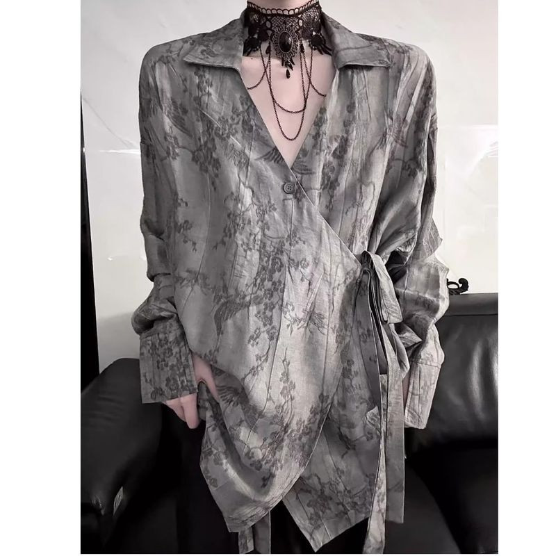 เสื้อเชิ้ตชีฟองพิมพ์ลายหลวมแขนยาว สวมได้ทุกโอกาส