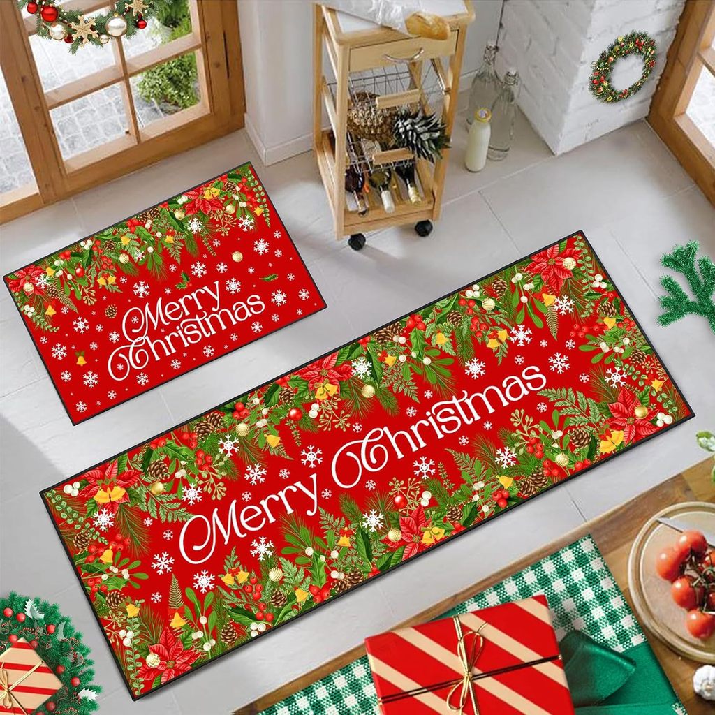 Happy Christmas Crystal Velvet Kitchen Mat ชุดสองชิ้น Anti-Slip Dirt-Resistant Entrance Door Mat HS0