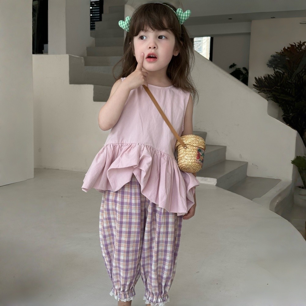 Theioioio เสื้อแขนกุดเด็ก แต่งระบายชายพอง ผ้าคอตตอน 100% นุ่มสบาย สีชมพู 2-6 ปี TLX30028