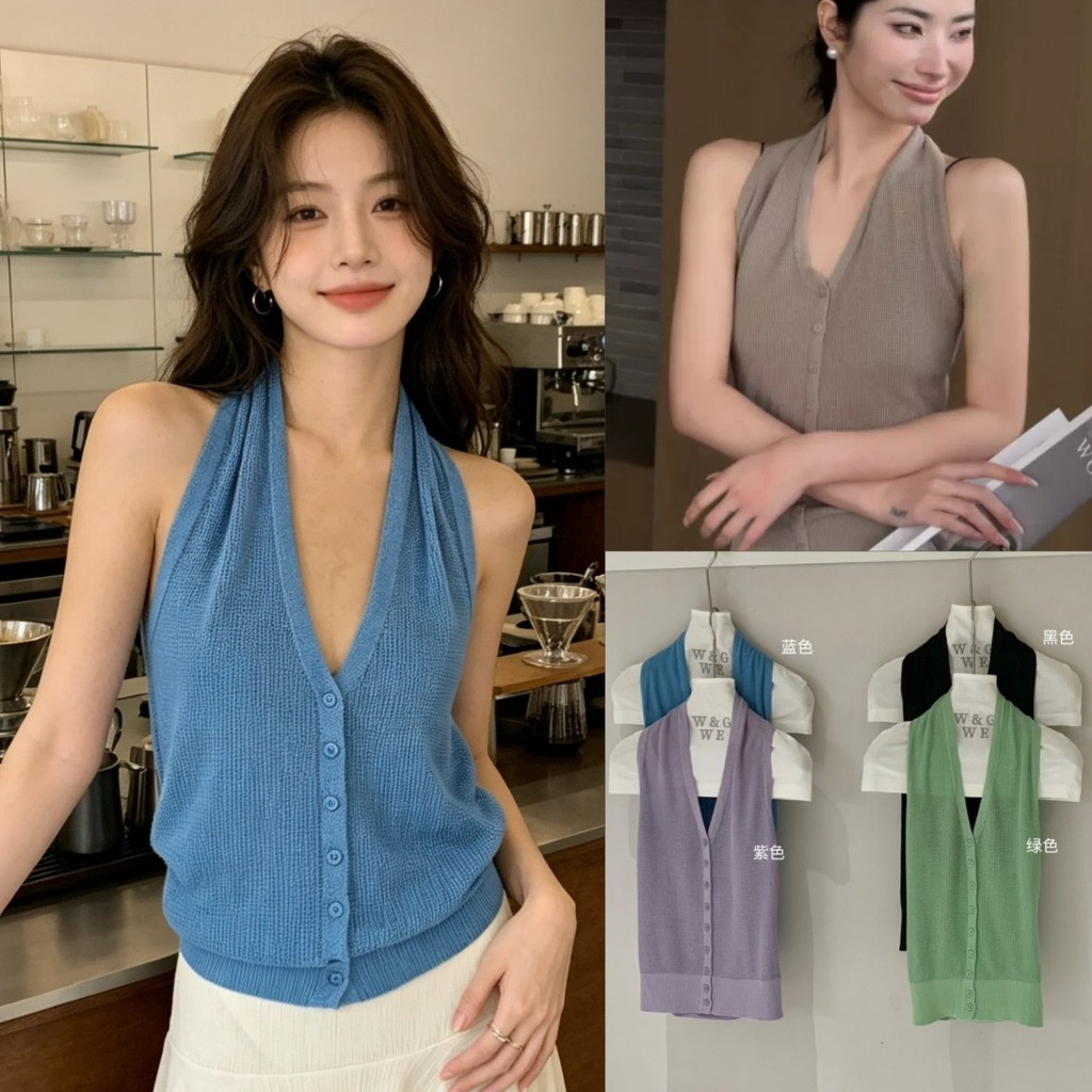 ❤ 🧵 🇰🇷 W9524 เสื้อคล้องคอ แต่งกระดุม ผ้าทอลายรังผึง งานน่ารักมากๆ สีสวย ผ้าดีใส่สบาย แฟชั่นเกาหลี TAG WG.WE 🧡