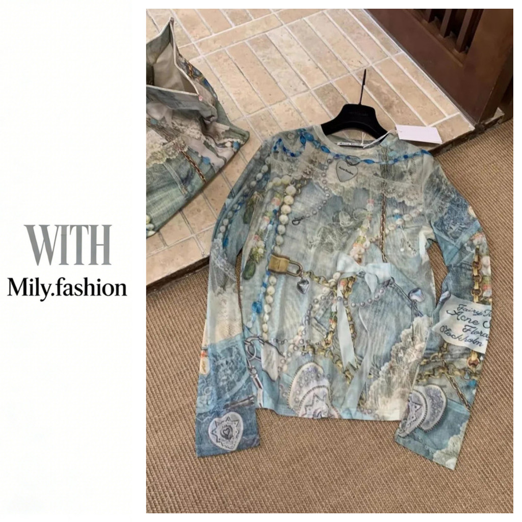 Milyfashion Retro Pearl Necklace พิมพ์ผ้ากอซสามมิติเสื้อยืดแขนยาวยืด Y2K สไตล์ใหม่