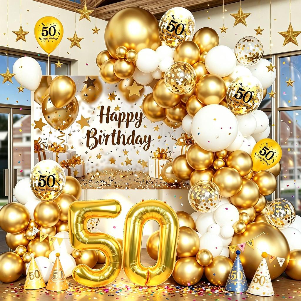 50th Anniversary Golden White Confetti บอลลูน 32 นิ้ว Golden Number ฟอยล์ลูกโป่งสําหรับ 30th 40th ผู