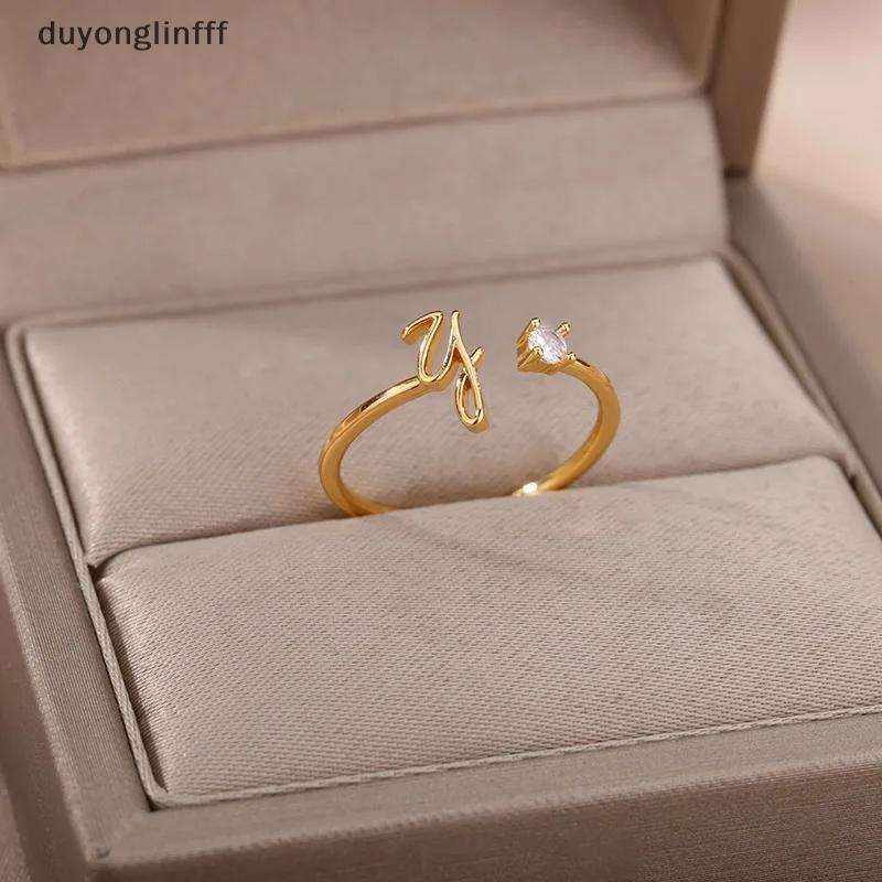 (duyonglinfff) Tiny จดหมายเริ่มต้นแหวนผู้หญิงสแตนเลส AZ ตัวอักษรแหวนปรับหญิงคริสต์มาสความงามเครื่องประดับใหม่