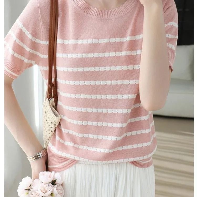 ฤดูร้อนสไตล์ใหม่รอบคอเย็นผ้าไหมเสื้อสวมหัวสีจับคู่ลายสบายๆแขนสั้นผู้หญิงทุกการแข่งขันเสื้อยืดครึ่งแข