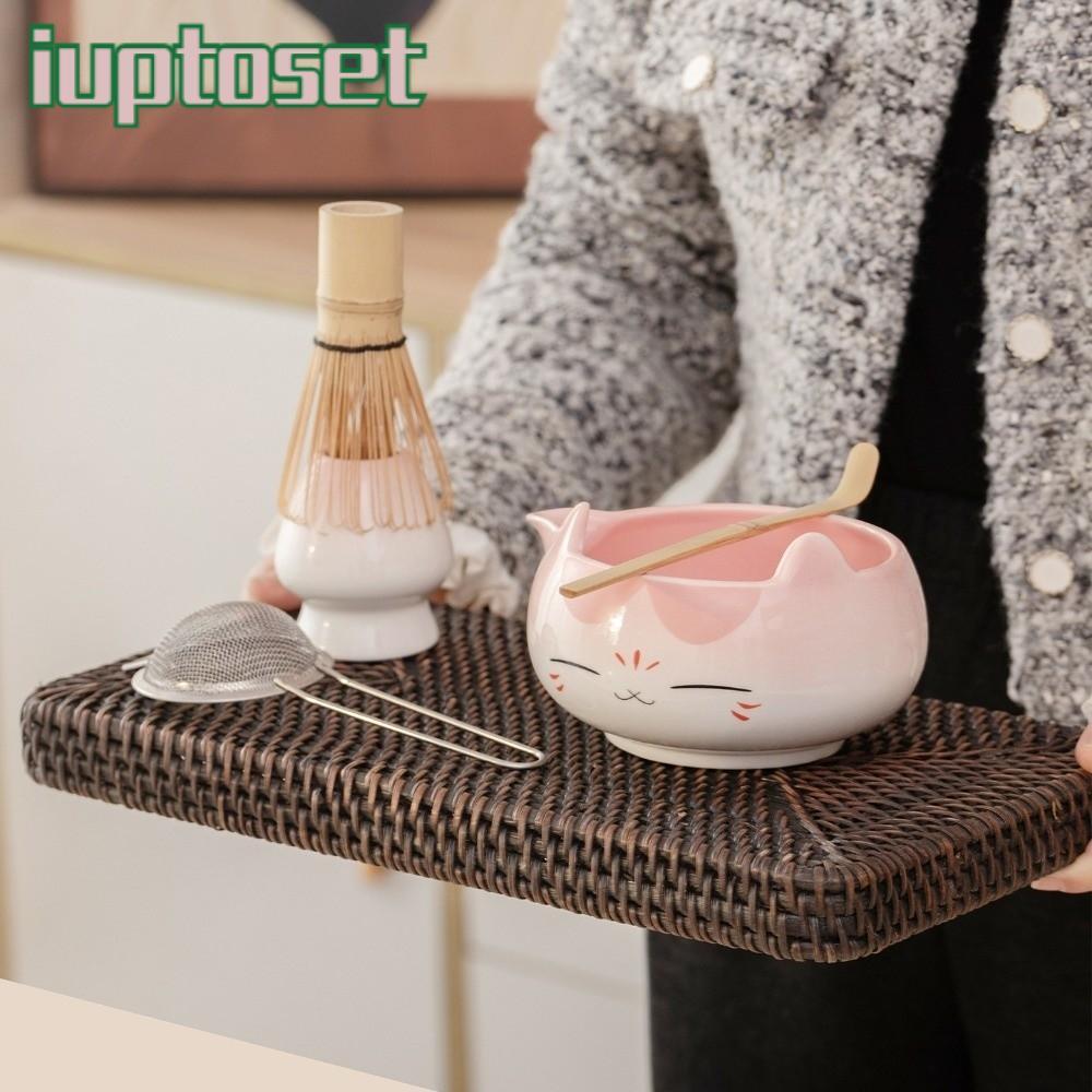 IUPTOSET 2/5/7pcs หูแมวชามชา,สีชมพูเซรามิคชาม Matcha ชุดชา,แมวรูปไม้ไผ่ Whisk พร้อม Spout ของขวัญกล่อง Matcha Brewing Kit Matcha เตรียม