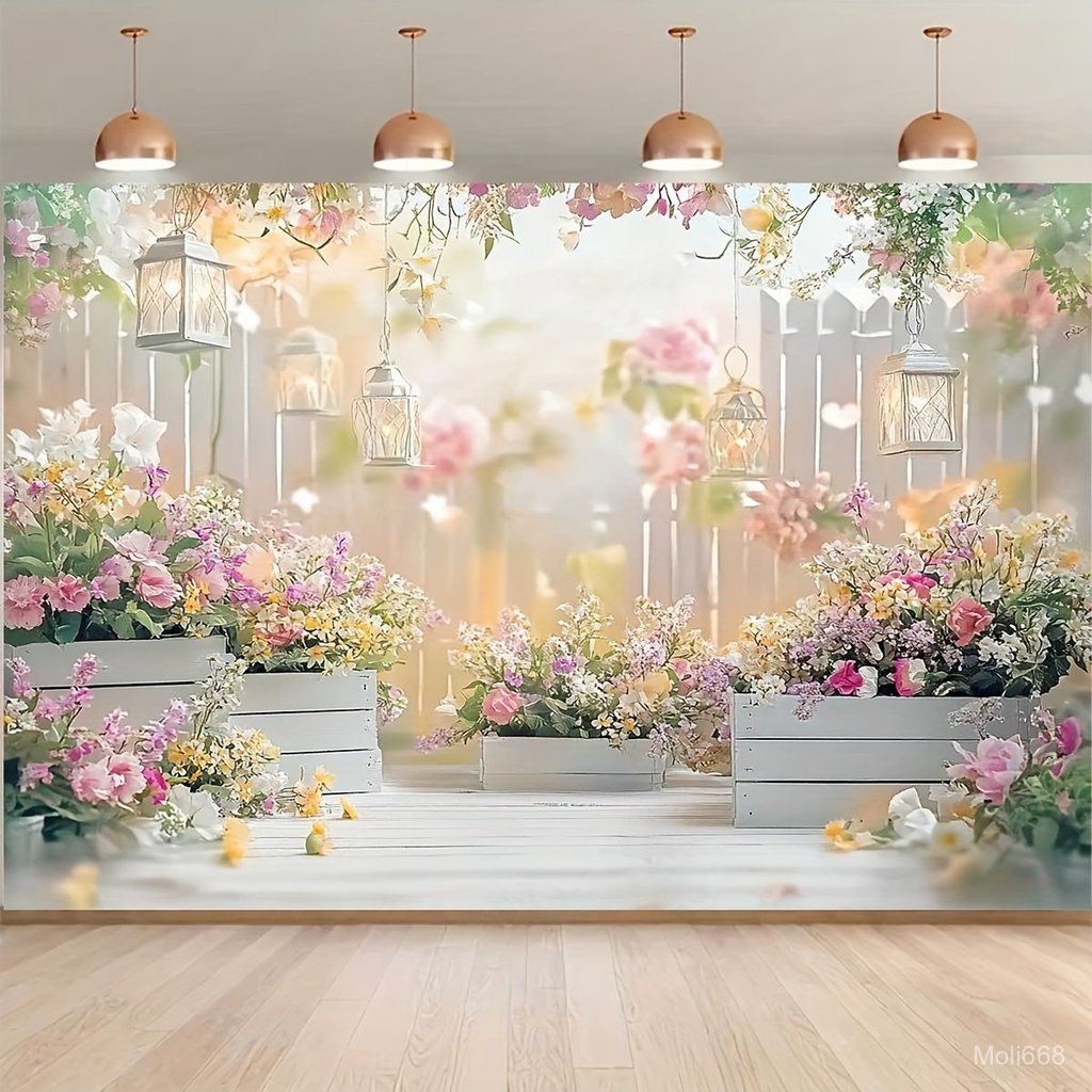 2D Flat, 1-Pack 2D Flat Background Photography Cloth - Wedding Floral Warm Style Background Decorati