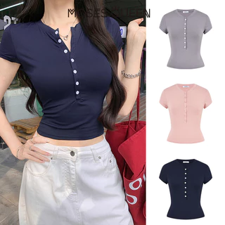 MOSESQUEEN มอสส์ ราชินี เสื้อยืดแขนสั้นติดกระดุมครึ่งคอปก -เสื้อกีฬาทรงเข้ารูปเฉพาะฤดูร้อนสําหรับผู้หญิง #63595