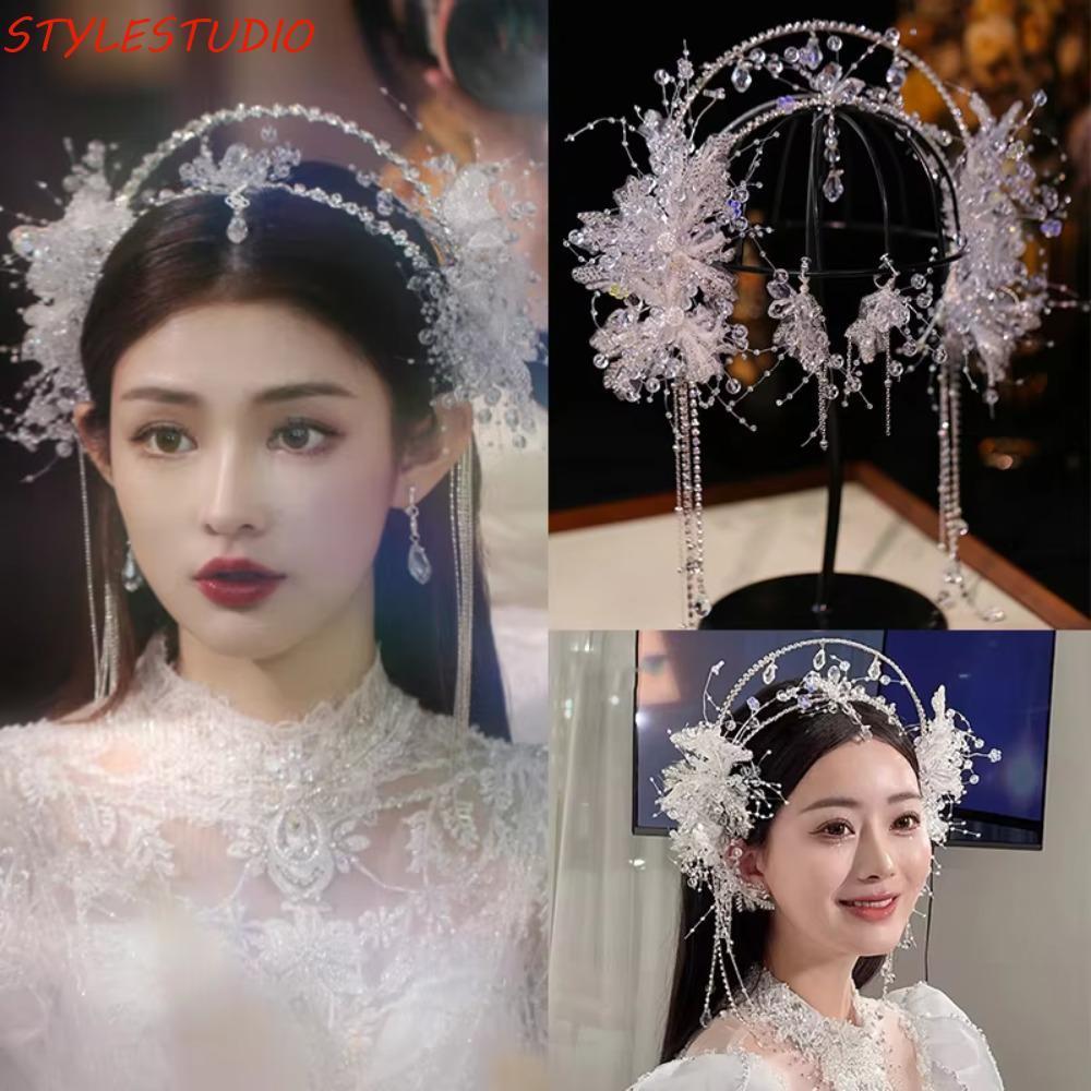 STYLESTUDIO เจ้าสาวมงกุฎต่างหู วงกลมคริสตัล สร้อยคอมงกุฎ เพิ่มความหรูหราให้ชุดเจ้าหญิง