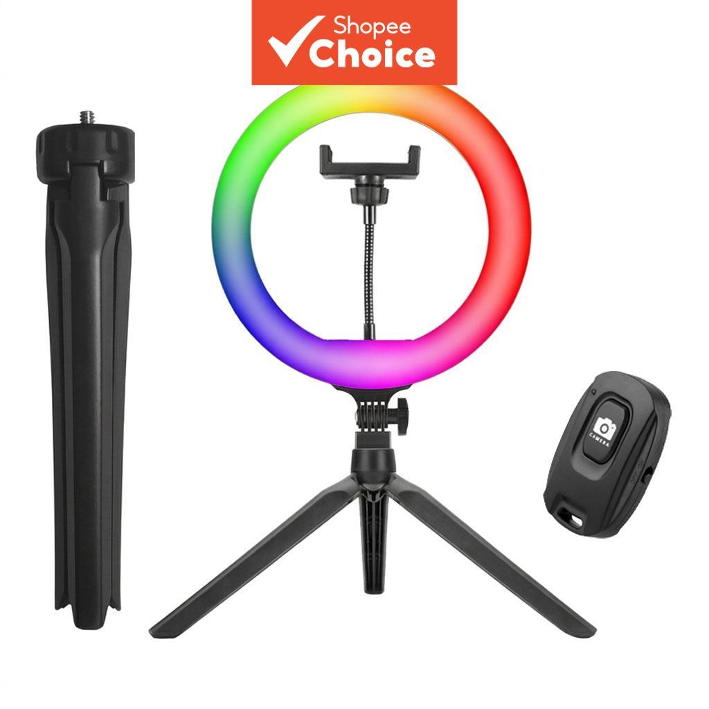 ไฟวงแหวน RGB ขนาด 10 นิ้วสําหรับตั้งโต๊ะ มาพร้อมรีโมทควบคุมผ่านบลูทูธ เหมาะสําหรับไลฟ์สตรีมแต่งหน้า ถ่ายภาพอาหาร และถ่าย Vlog